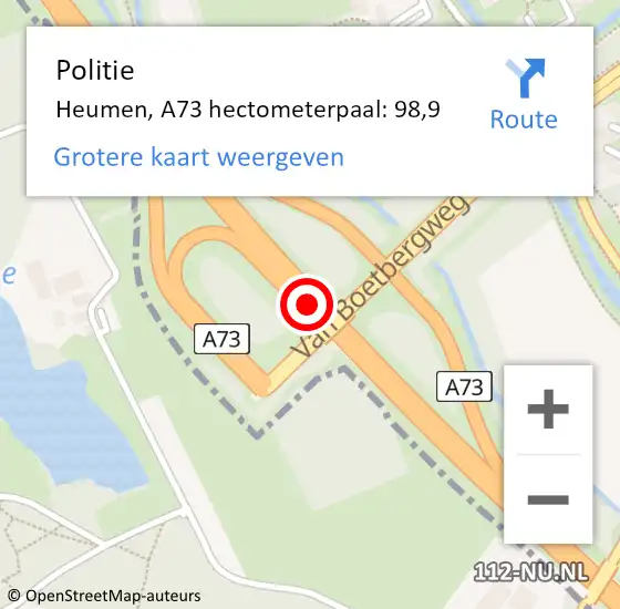 Locatie op kaart van de 112 melding: Politie Heumen, A73 hectometerpaal: 98,9 op 20 juli 2023 15:51