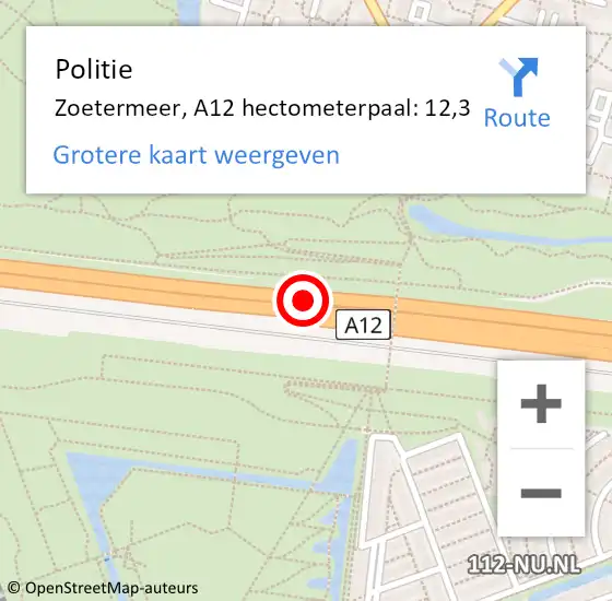 Locatie op kaart van de 112 melding: Politie Zoetermeer, A12 hectometerpaal: 12,3 op 20 juli 2023 15:56