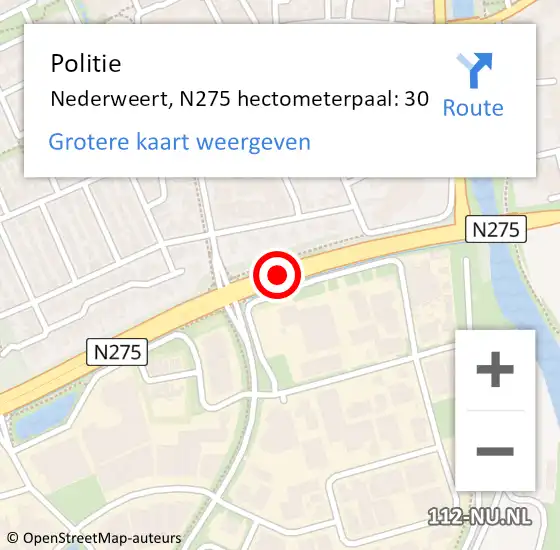 Locatie op kaart van de 112 melding: Politie Nederweert, N275 hectometerpaal: 30 op 20 juli 2023 15:59