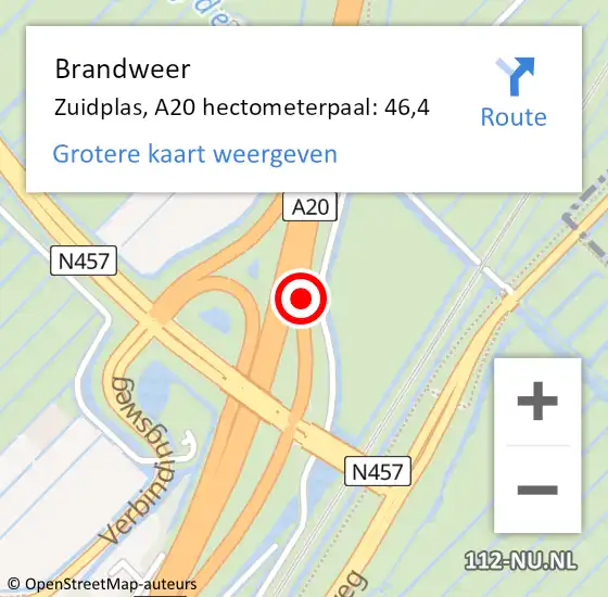 Locatie op kaart van de 112 melding: Brandweer Zuidplas, A20 hectometerpaal: 46,4 op 20 juli 2023 16:24