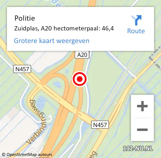 Locatie op kaart van de 112 melding: Politie Zuidplas, A20 hectometerpaal: 46,4 op 20 juli 2023 16:24