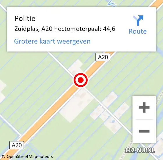 Locatie op kaart van de 112 melding: Politie Zuidplas, A20 hectometerpaal: 44,6 op 20 juli 2023 17:16