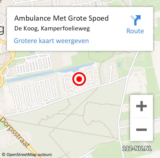 Locatie op kaart van de 112 melding: Ambulance Met Grote Spoed Naar De Koog, Kamperfoelieweg op 20 juli 2023 18:30