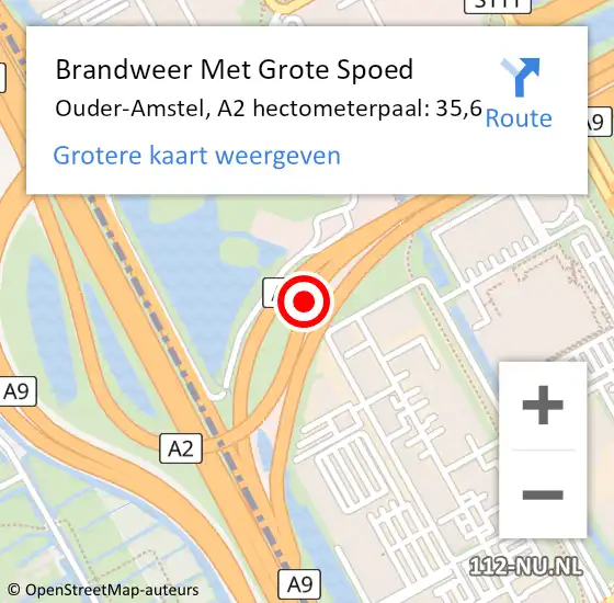 Locatie op kaart van de 112 melding: Brandweer Met Grote Spoed Naar Ouder-Amstel, A2 hectometerpaal: 35,6 op 20 juli 2023 22:09