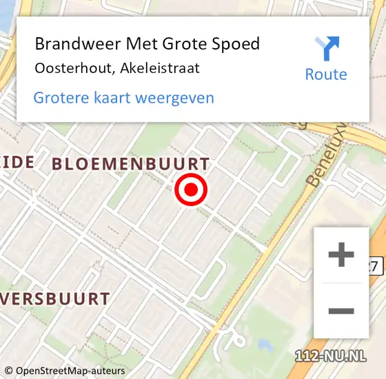 Locatie op kaart van de 112 melding: Brandweer Met Grote Spoed Naar Oosterhout, Akeleistraat op 21 juli 2023 00:16