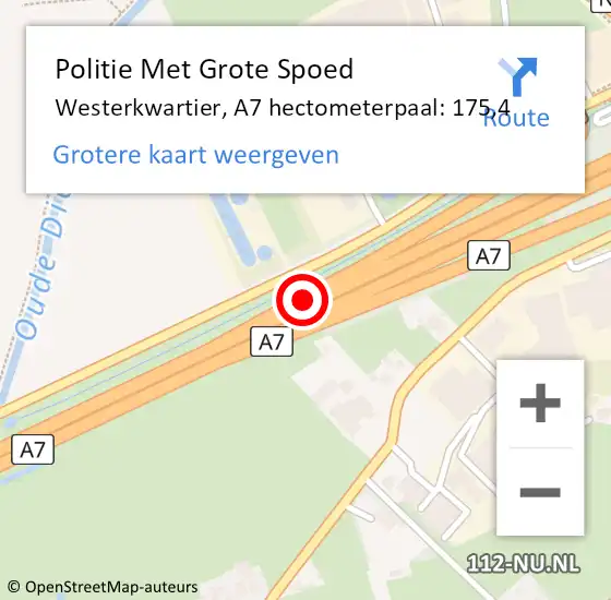 Locatie op kaart van de 112 melding: Politie Met Grote Spoed Naar Westerkwartier, A7 hectometerpaal: 175,4 op 21 juli 2023 01:41