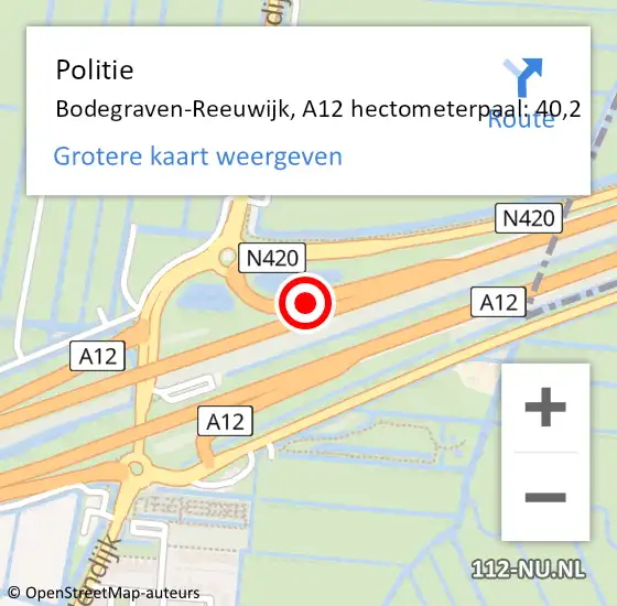 Locatie op kaart van de 112 melding: Politie Bodegraven-Reeuwijk, A12 hectometerpaal: 40,2 op 21 juli 2023 03:40