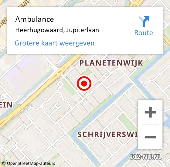 Locatie op kaart van de 112 melding: Ambulance Heerhugowaard, Jupiterlaan op 21 juli 2023 08:41