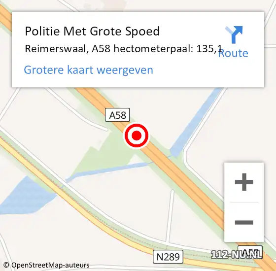 Locatie op kaart van de 112 melding: Politie Met Grote Spoed Naar Reimerswaal, A58 hectometerpaal: 135,1 op 21 juli 2023 11:09