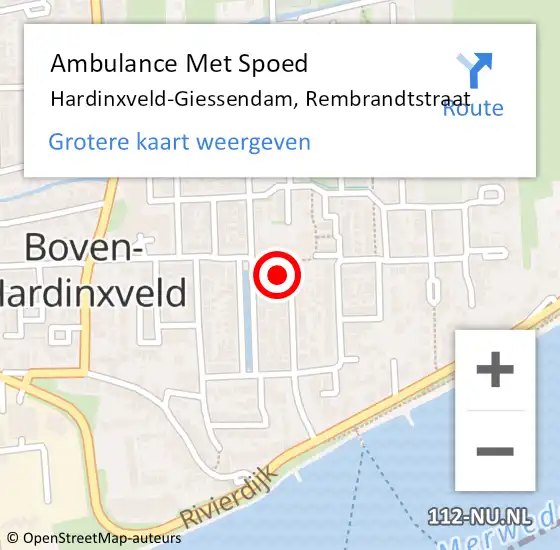 Locatie op kaart van de 112 melding: Ambulance Met Spoed Naar Hardinxveld-Giessendam, Rembrandtstraat op 21 juli 2023 11:45