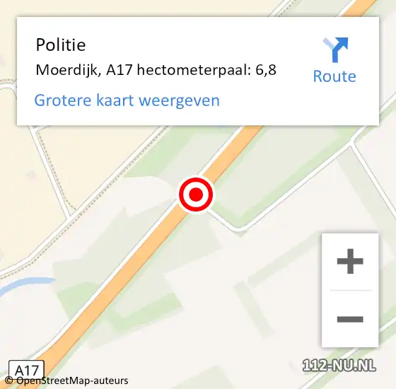 Locatie op kaart van de 112 melding: Politie Moerdijk, A17 hectometerpaal: 6,8 op 21 juli 2023 11:45