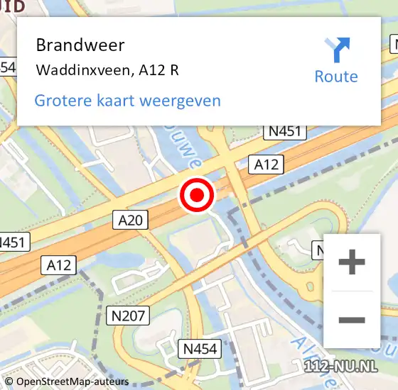 Locatie op kaart van de 112 melding: Brandweer Waddinxveen, A12 R hectometerpaal: 25,4 op 2 september 2014 12:54