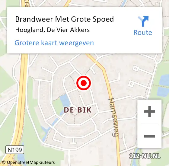 Locatie op kaart van de 112 melding: Brandweer Met Grote Spoed Naar Hoogland, De Vier Akkers op 21 juli 2023 12:41