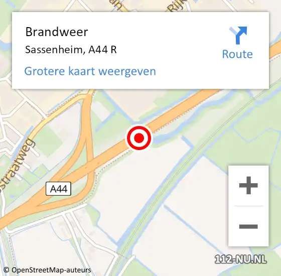 Locatie op kaart van de 112 melding: Brandweer Sassenheim, A44 L op 2 september 2014 13:01