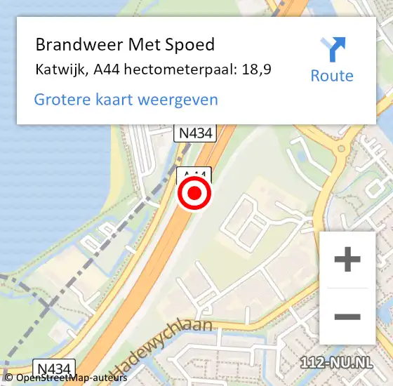 Locatie op kaart van de 112 melding: Brandweer Met Spoed Naar Katwijk, A44 hectometerpaal: 18,9 op 21 juli 2023 14:01