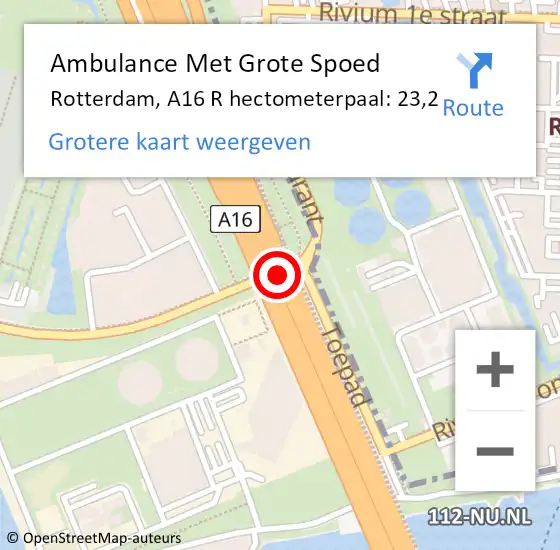 Locatie op kaart van de 112 melding: Ambulance Met Grote Spoed Naar Rotterdam, A16 L hectometerpaal: 19,8 op 2 september 2014 13:12