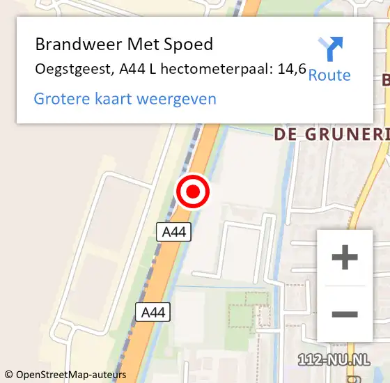 Locatie op kaart van de 112 melding: Brandweer Met Spoed Naar Oegstgeest, A44 L hectometerpaal: 14,6 op 2 september 2014 13:22