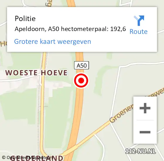 Locatie op kaart van de 112 melding: Politie Apeldoorn, A50 hectometerpaal: 192,6 op 21 juli 2023 16:37