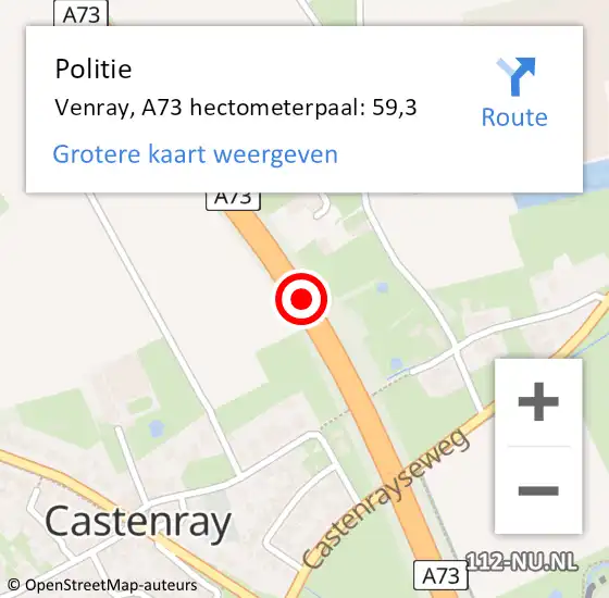 Locatie op kaart van de 112 melding: Politie Venray, A73 hectometerpaal: 59,3 op 21 juli 2023 16:45