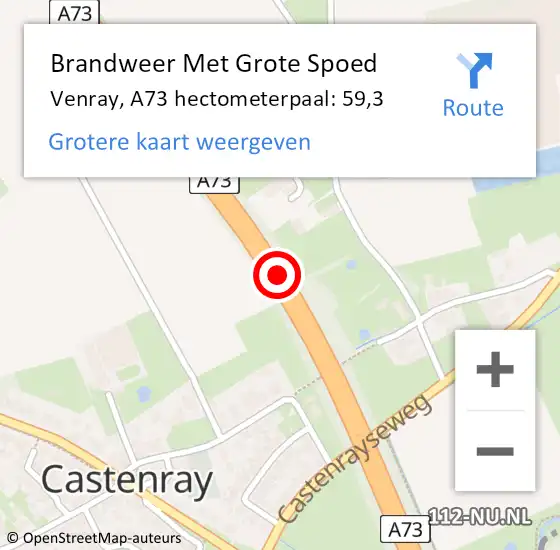 Locatie op kaart van de 112 melding: Brandweer Met Grote Spoed Naar Venray, A73 hectometerpaal: 59,3 op 21 juli 2023 16:46