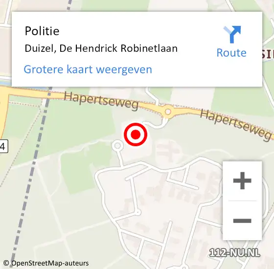 Locatie op kaart van de 112 melding: Politie Duizel, De Hendrick Robinetlaan op 21 juli 2023 16:57