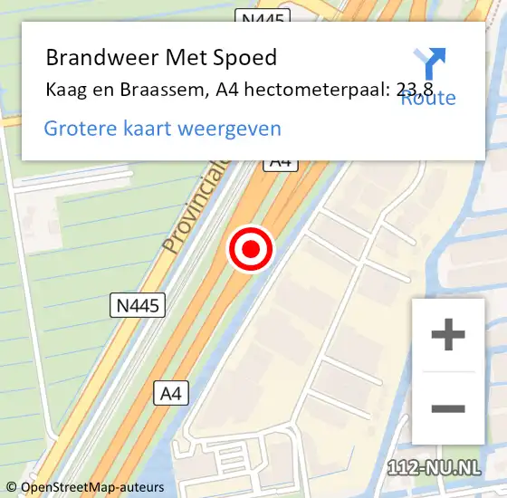 Locatie op kaart van de 112 melding: Brandweer Met Spoed Naar Kaag en Braassem, A4 hectometerpaal: 23,8 op 21 juli 2023 17:13