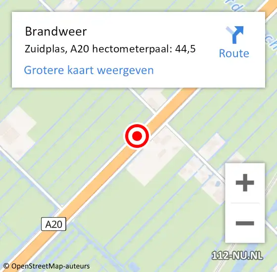 Locatie op kaart van de 112 melding: Brandweer Zuidplas, A20 hectometerpaal: 44,5 op 21 juli 2023 17:14