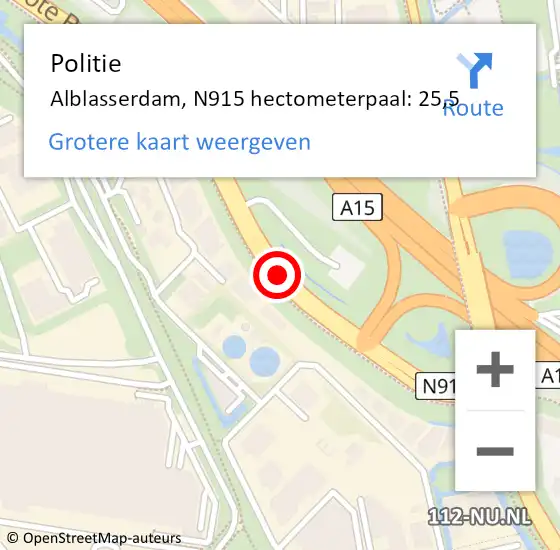 Locatie op kaart van de 112 melding: Politie Alblasserdam, N915 hectometerpaal: 25,5 op 21 juli 2023 18:40