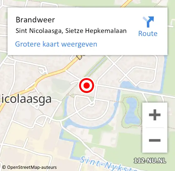 Locatie op kaart van de 112 melding: Brandweer Sint Nicolaasga, Sietze Hepkemalaan op 21 juli 2023 18:58