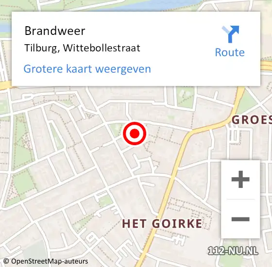 Locatie op kaart van de 112 melding: Brandweer Tilburg, Wittebollestraat op 21 juli 2023 23:47