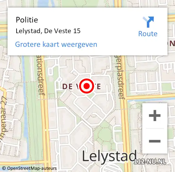 Locatie op kaart van de 112 melding: Politie Lelystad, De Veste 15 op 22 juli 2023 05:03