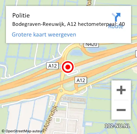 Locatie op kaart van de 112 melding: Politie Bodegraven-Reeuwijk, A12 hectometerpaal: 40 op 22 juli 2023 06:32