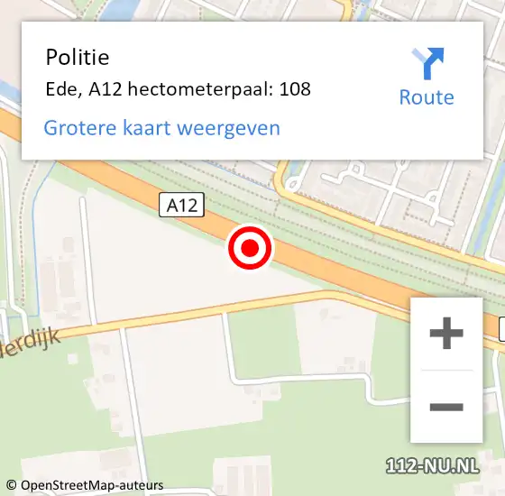 Locatie op kaart van de 112 melding: Politie Ede, A12 hectometerpaal: 108 op 22 juli 2023 08:46