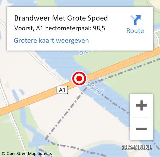 Locatie op kaart van de 112 melding: Brandweer Met Grote Spoed Naar Voorst, A1 hectometerpaal: 98,5 op 22 juli 2023 11:49