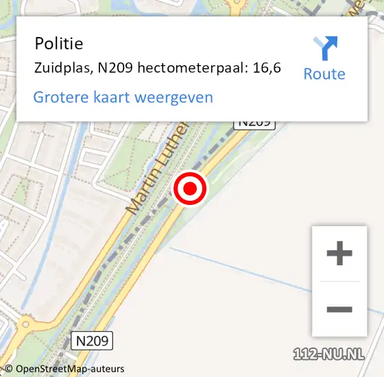 Locatie op kaart van de 112 melding: Politie Zuidplas, N209 hectometerpaal: 16,6 op 22 juli 2023 12:26