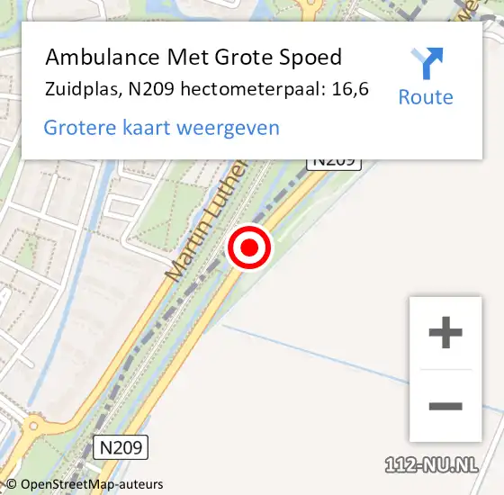 Locatie op kaart van de 112 melding: Ambulance Met Grote Spoed Naar Zuidplas, N209 hectometerpaal: 16,6 op 22 juli 2023 12:26