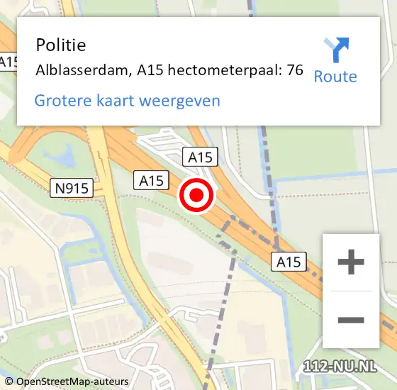 Locatie op kaart van de 112 melding: Politie Alblasserdam, A15 hectometerpaal: 76 op 22 juli 2023 12:50