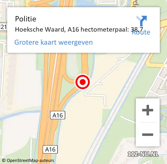 Locatie op kaart van de 112 melding: Politie Hoeksche Waard, A16 hectometerpaal: 38,7 op 22 juli 2023 13:15