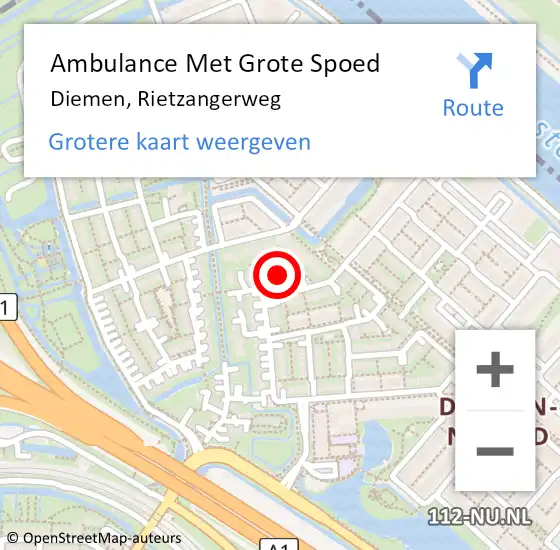 Locatie op kaart van de 112 melding: Ambulance Met Grote Spoed Naar Diemen, Rietzangerweg op 22 juli 2023 13:17