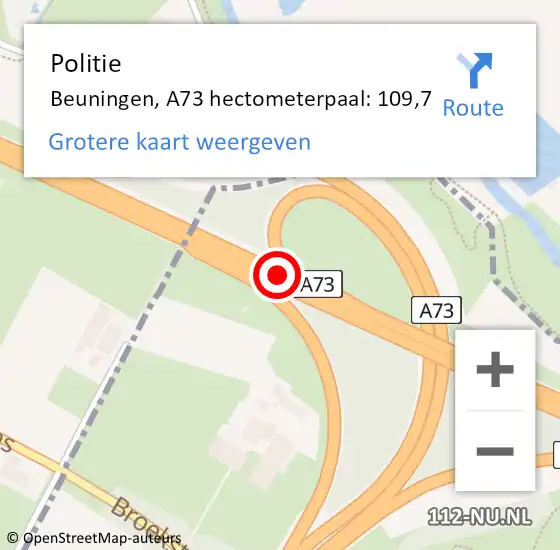 Locatie op kaart van de 112 melding: Politie Beuningen, A73 hectometerpaal: 109,7 op 22 juli 2023 15:18