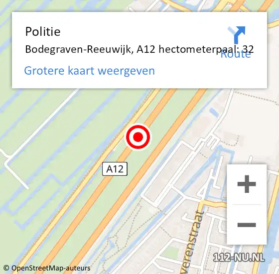 Locatie op kaart van de 112 melding: Politie Bodegraven-Reeuwijk, A12 hectometerpaal: 32 op 22 juli 2023 15:37