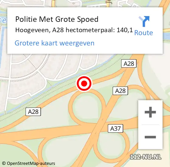 Locatie op kaart van de 112 melding: Politie Met Grote Spoed Naar Hoogeveen, A28 hectometerpaal: 140,1 op 22 juli 2023 16:10