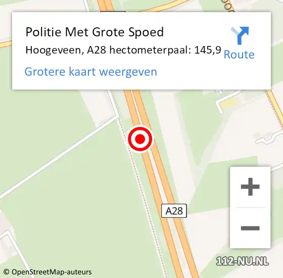 Locatie op kaart van de 112 melding: Politie Met Grote Spoed Naar Hoogeveen, A28 hectometerpaal: 145,9 op 22 juli 2023 16:10