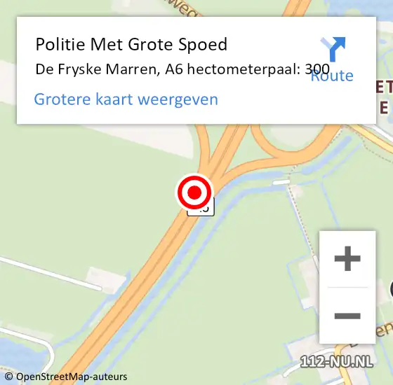 Locatie op kaart van de 112 melding: Politie Met Grote Spoed Naar De Fryske Marren, A6 hectometerpaal: 300 op 22 juli 2023 17:45