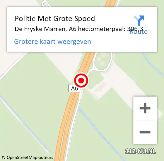 Locatie op kaart van de 112 melding: Politie Met Grote Spoed Naar De Fryske Marren, A6 hectometerpaal: 306,3 op 22 juli 2023 17:46