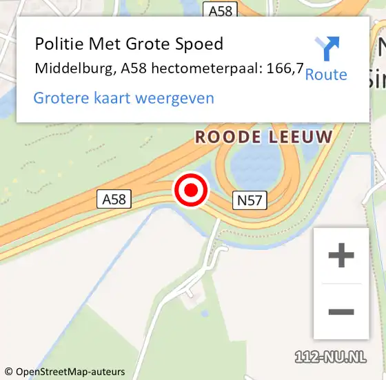 Locatie op kaart van de 112 melding: Politie Met Grote Spoed Naar Middelburg, A58 hectometerpaal: 166,7 op 22 juli 2023 19:01