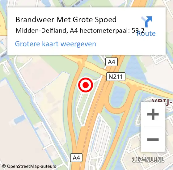 Locatie op kaart van de 112 melding: Brandweer Met Grote Spoed Naar Midden-Delfland, A4 hectometerpaal: 53,2 op 22 juli 2023 19:56