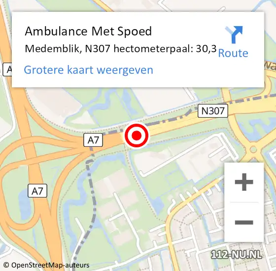 Locatie op kaart van de 112 melding: Ambulance Met Spoed Naar Medemblik, N307 hectometerpaal: 30,3 op 22 juli 2023 21:23