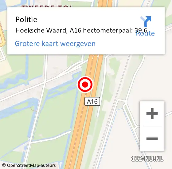 Locatie op kaart van de 112 melding: Politie Hoeksche Waard, A16 hectometerpaal: 39,6 op 23 juli 2023 01:06