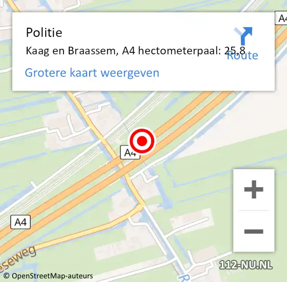 Locatie op kaart van de 112 melding: Politie Kaag en Braassem, A4 hectometerpaal: 25,8 op 23 juli 2023 02:12